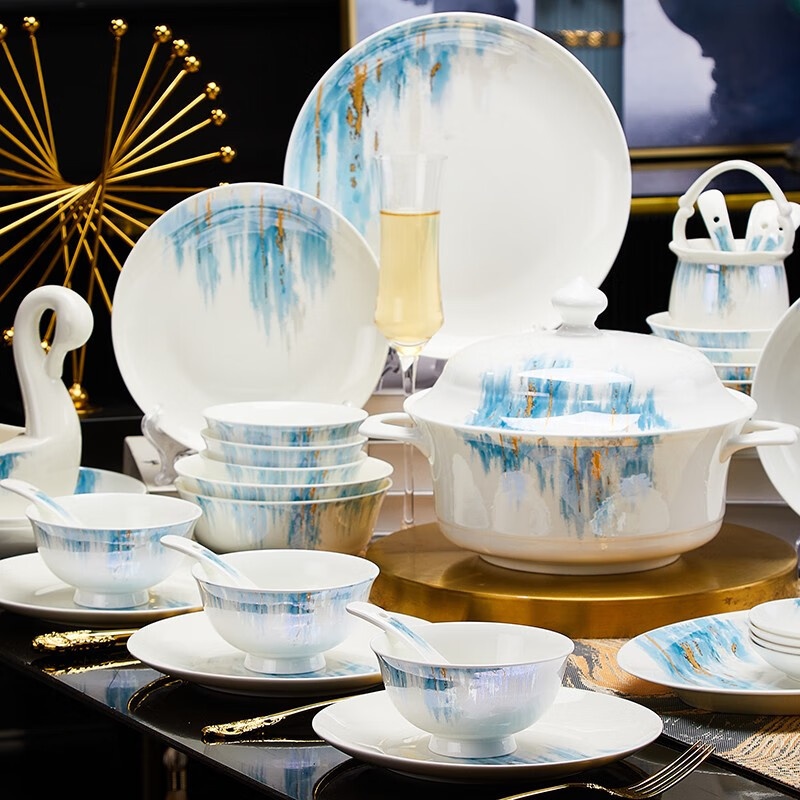 Dish Set High-end Household Ceramic Tableware Complete Set Of Bowls,Plates,Bowls,Chopsticks And Bowls Set Light Luxury Housewarming Gift