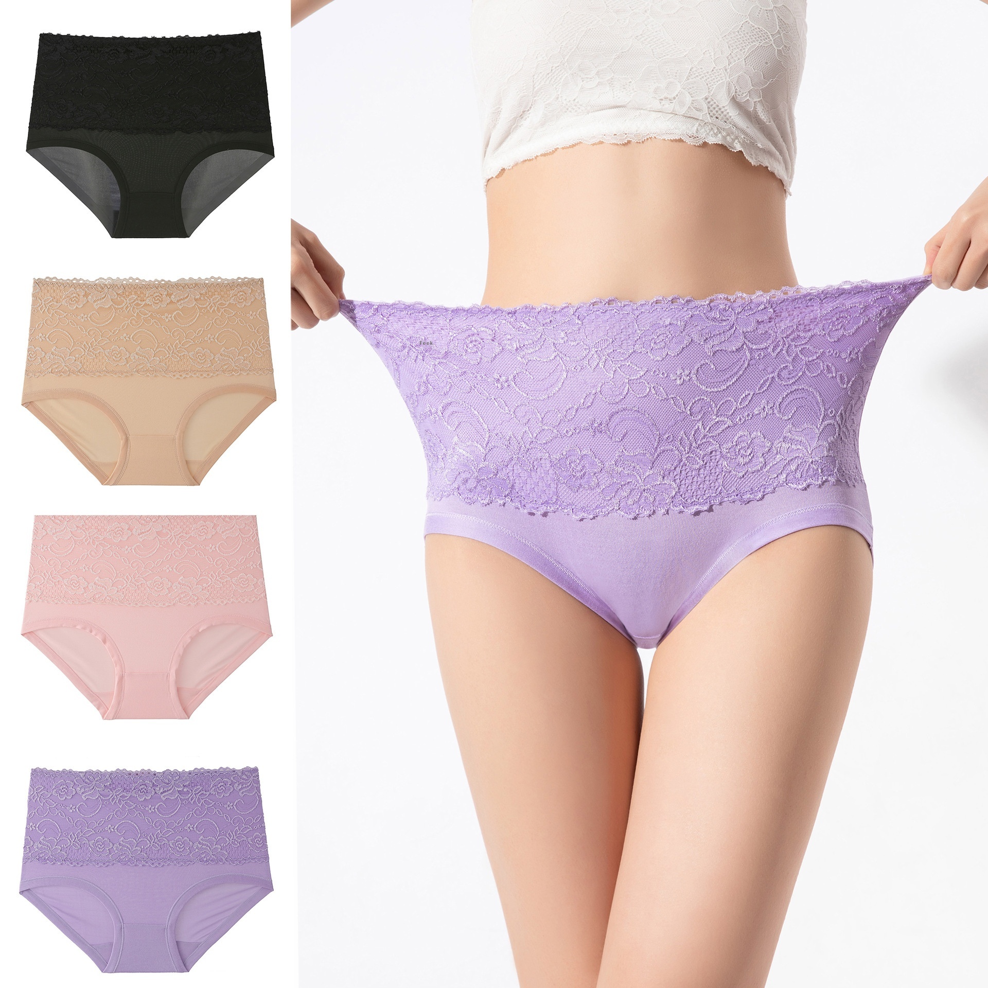 Foreign Trade Plus Size Women's Underwear Breathable Lace Edge Solid Color Briefs High Waist Plus Fat Wide Underwear Women