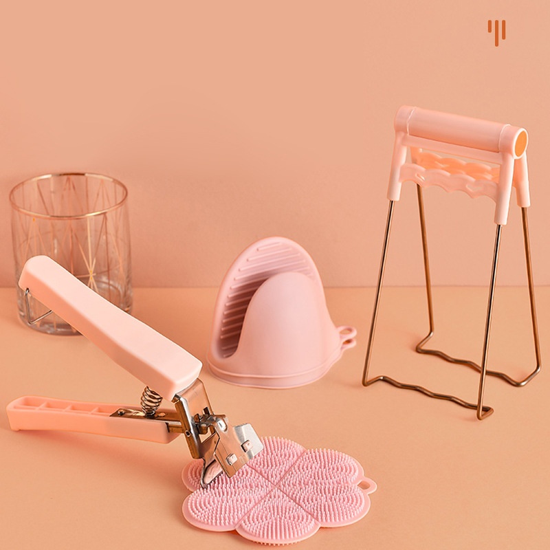 Creative Kitchen Gadgets Girl Pink Clip Stainless Steel With Silicone Plate And Dish Holder Bowl Holder Clip