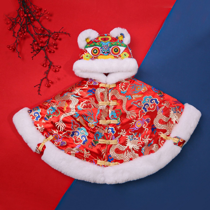 Chinese Style Baby Tiger Head Cloak Infant Winter Shawl Traditional Embroidered Tiger Head Hooded Warm Cloak
