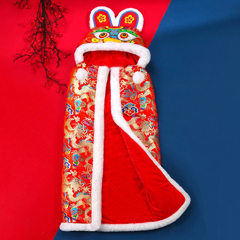 Chinese Style Baby Tiger Head Cloak Children's Folk Cloak Production Embroidery Imitation Rabbit Fur Outdoor Warm Outerwear