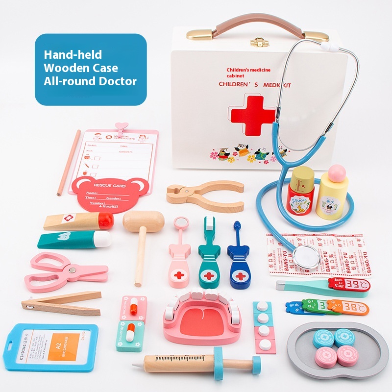 Wooden Children's Pretend Medicine Box Doctor Toy Set Girl Nurse Toy Baby Role Play