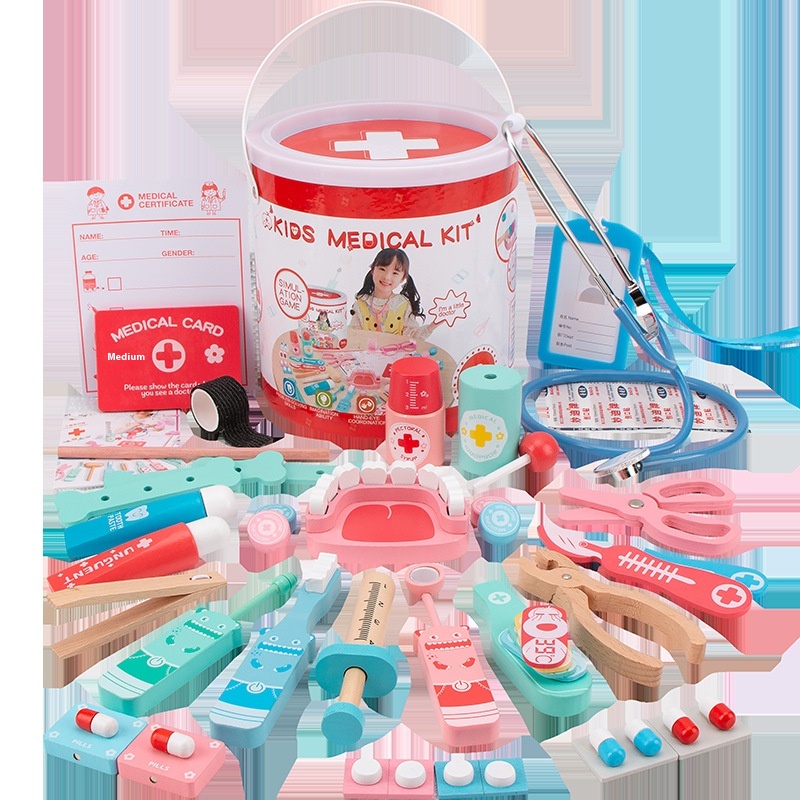 Wooden Set Early Education Educational Tool Medical Box Injection Children's Play House Stethoscope Simulation Doctor Toy