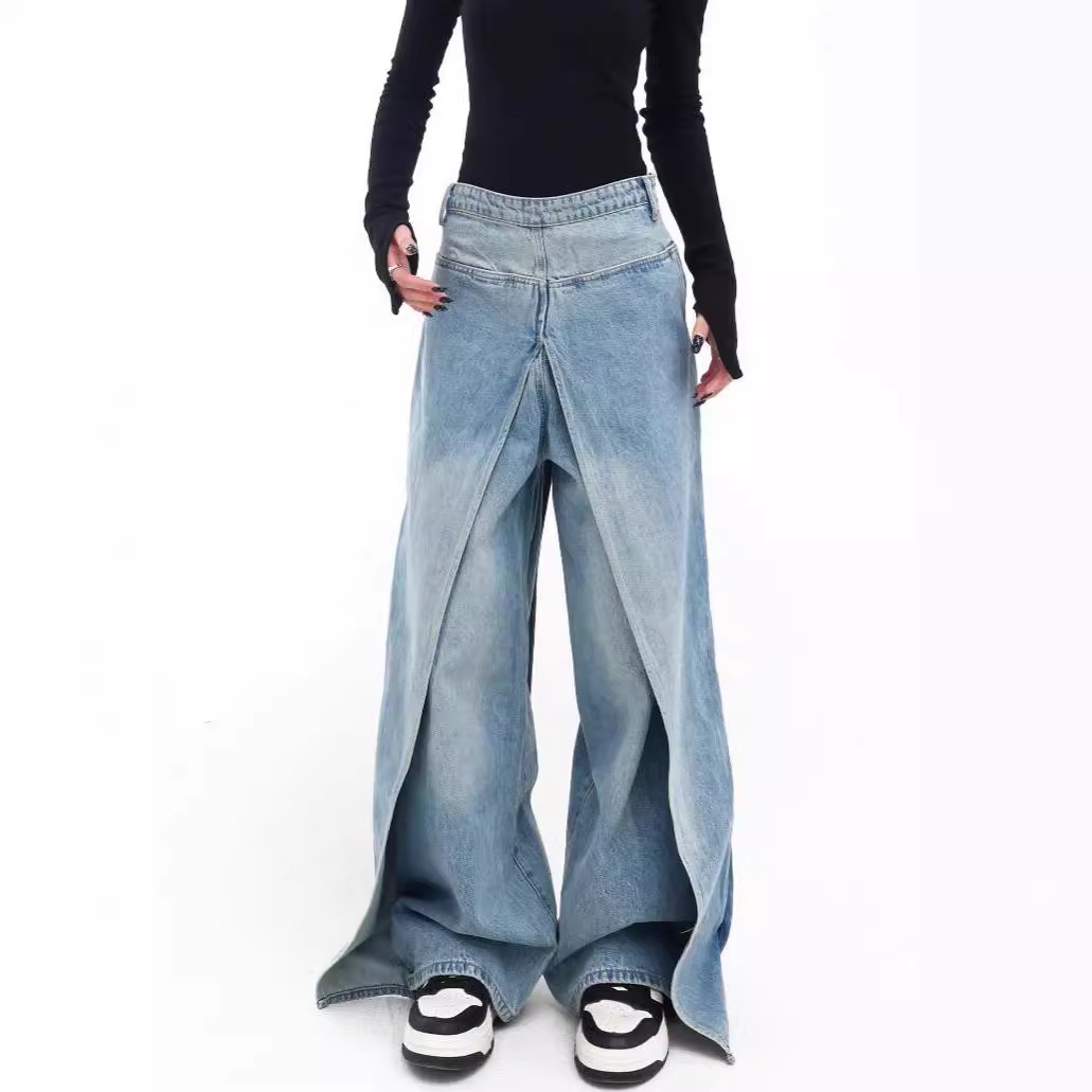 KELWashed Retro Distressed Jeans Women's Design Niche Loose Slim Wide-leg Pants Trousers