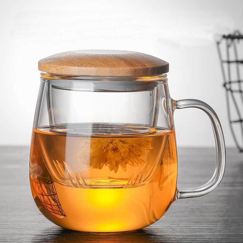 Glass Tea Cup With Wooden Lid And Tea Water Separation Thick Transparent Water Cup High Borosilicate Heat-resistant Glass Cup