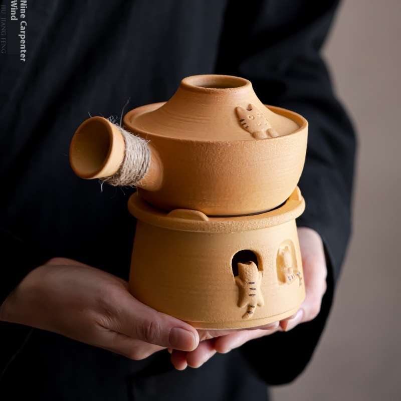 Tea Making Stove,Coarse Pottery Roasting Tea Stove,Chinese Cute Cat Candle Tea Warmer,Tea Aroma Device,Dry Roasting Tea Set
