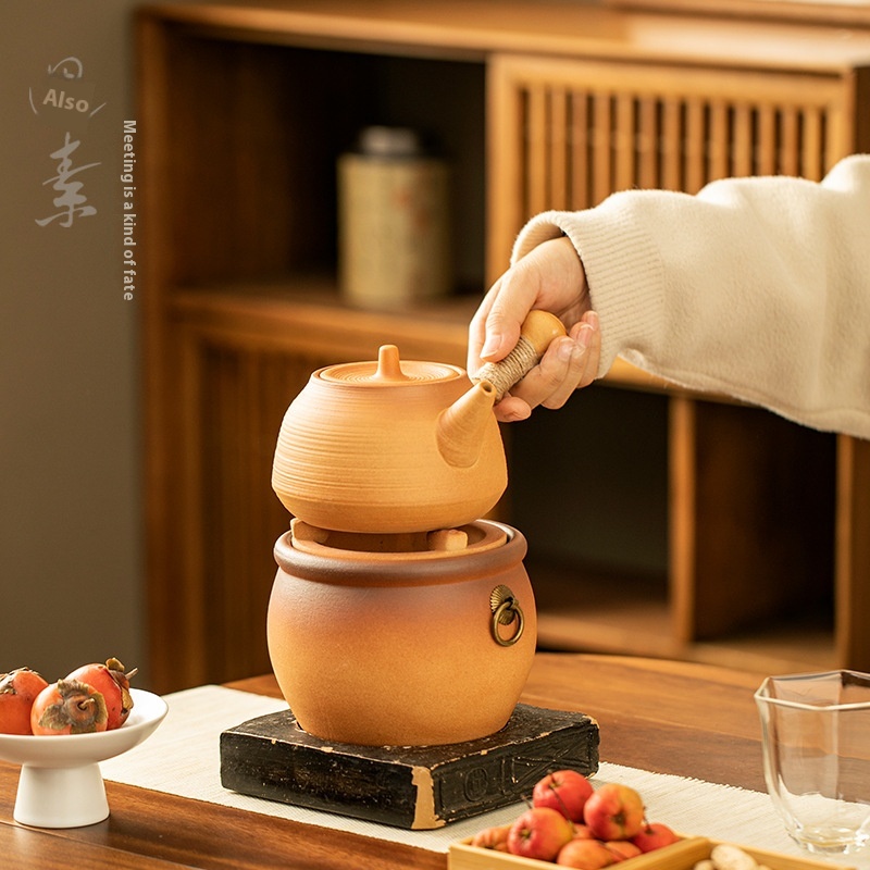 Stove-cooked Tea,Coarse Pottery Charcoal Stove,Dry-burned Ceramic Anti-scalding Handle Pot,Household Chinchilla Small Tea Stove,Warm Tea Maker