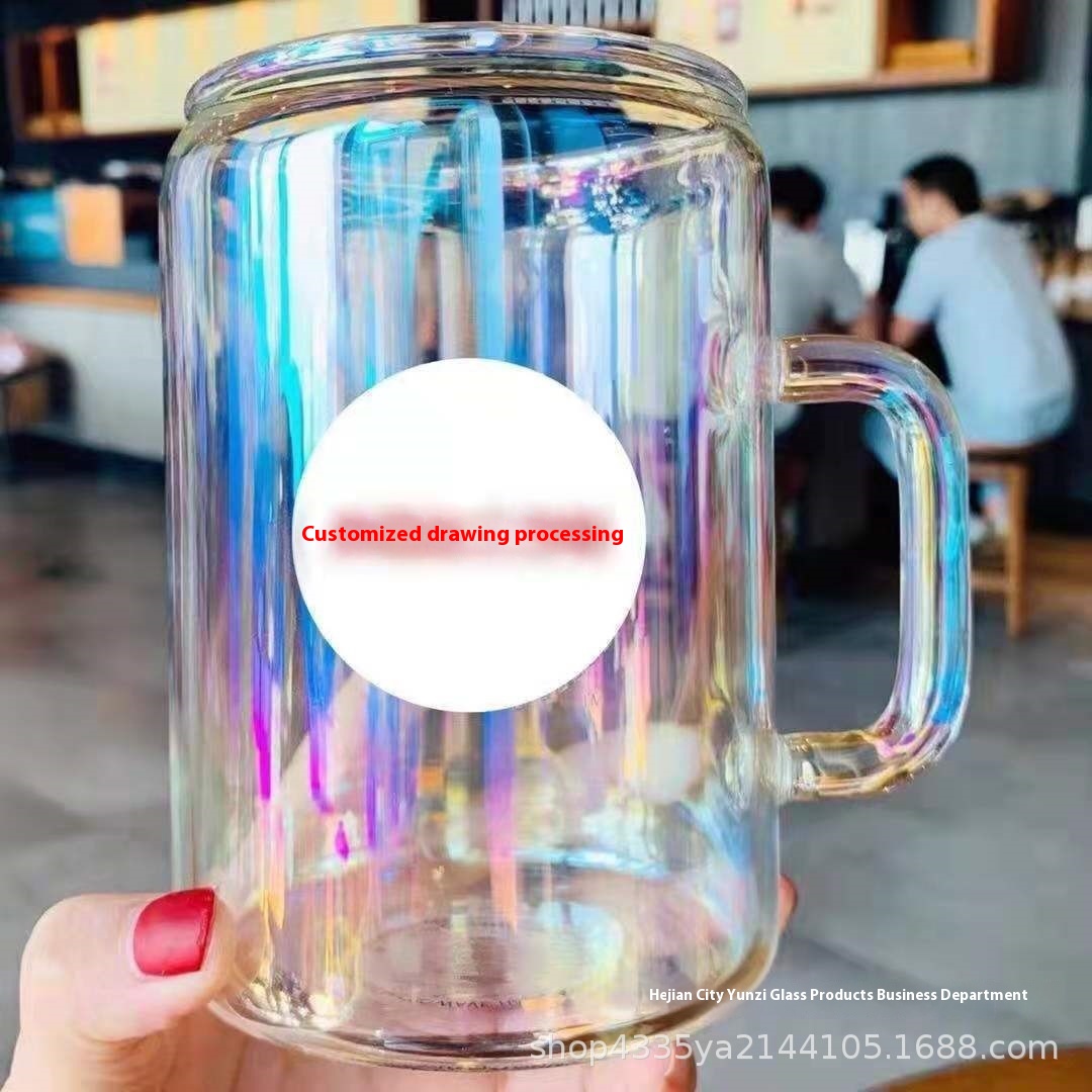 Starbucks700ml Korean Laser Aurora Glass Water Cup Milk Tea Cup Girls Large Capacity High Value Coffee Cup