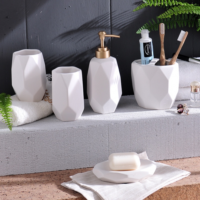 Nordic Diamond Pattern Ceramic Bathroom Five-piece Set Creative Bathroom Toiletries Gift Set Toothbrush Holder