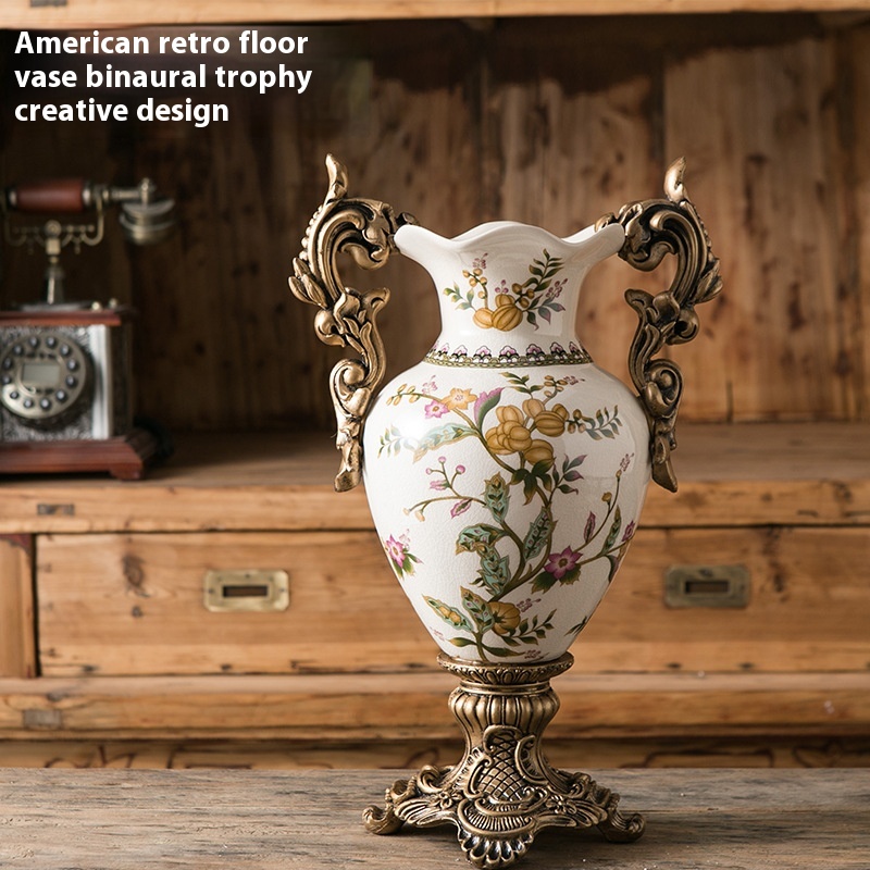 Creative European Style Double-ear Trophy-shaped Floor-standing Ceramic Vase Crafts American Retro Home Ceramic Decorative Vase