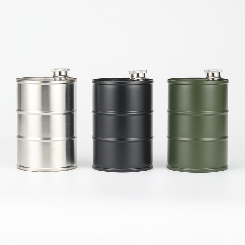 Direct304 Stainless Steel Oil Barrel Wine Bottle750ml Metal Cover25oz Military Green Creative Camping Travel