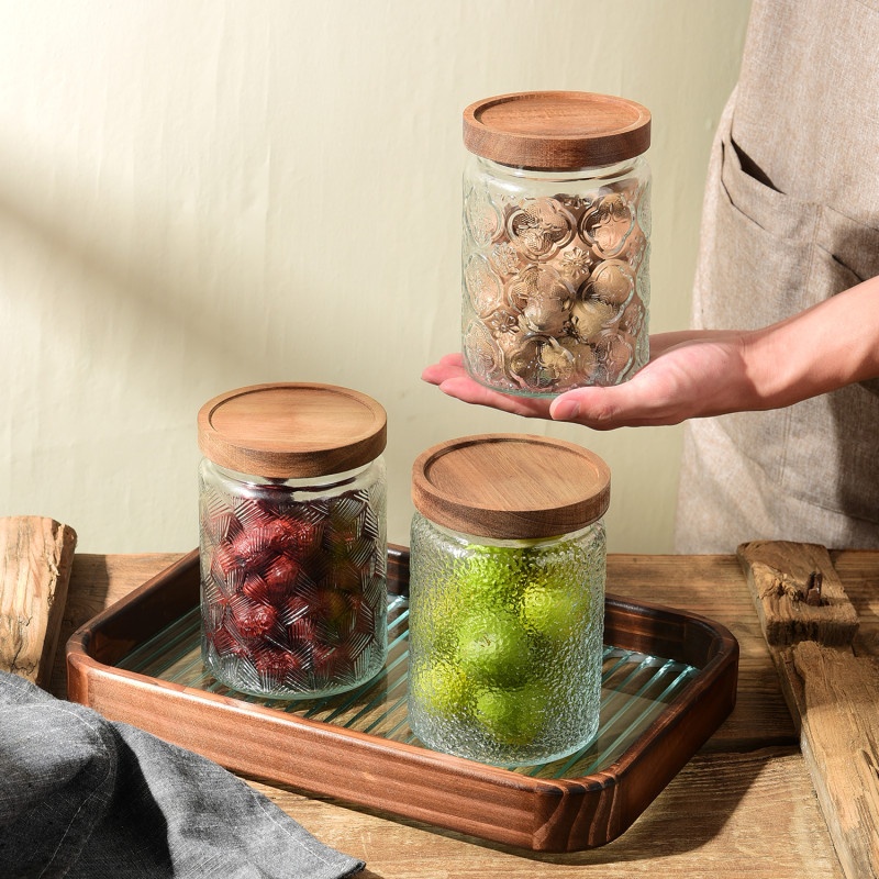 Retro Snowflake Glass Sealed Jar Household Storage Jar Coffee Bean Preservation Jar Tea Jar Storage Jar Wooden Cover