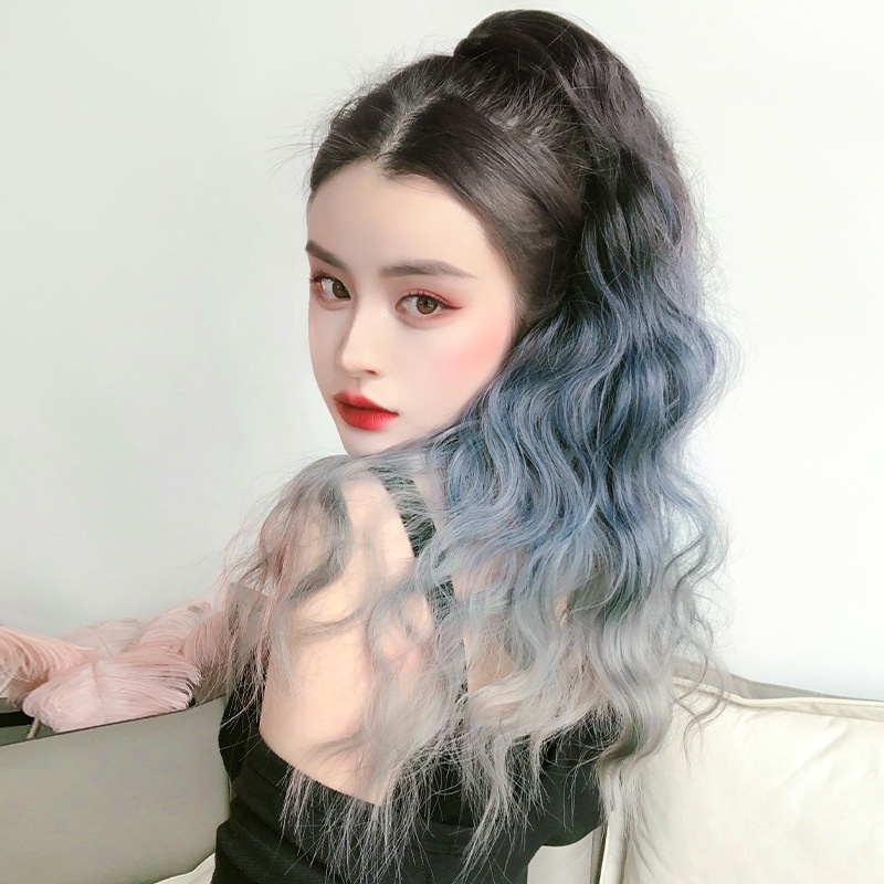 Wig Ponytail Female Long Hair Clip-on Fashion Gradient Haze Blue-gray Corn Silk Water Ripple Curly Hairs