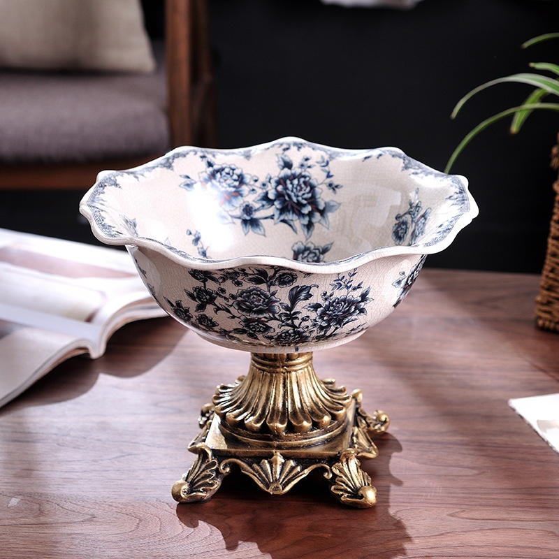Chinese Blue And White Porcelain Ice Crack Ceramic Fruit Plate Creative Household High-foot Fruit Plate European Retro Decorative Ornaments