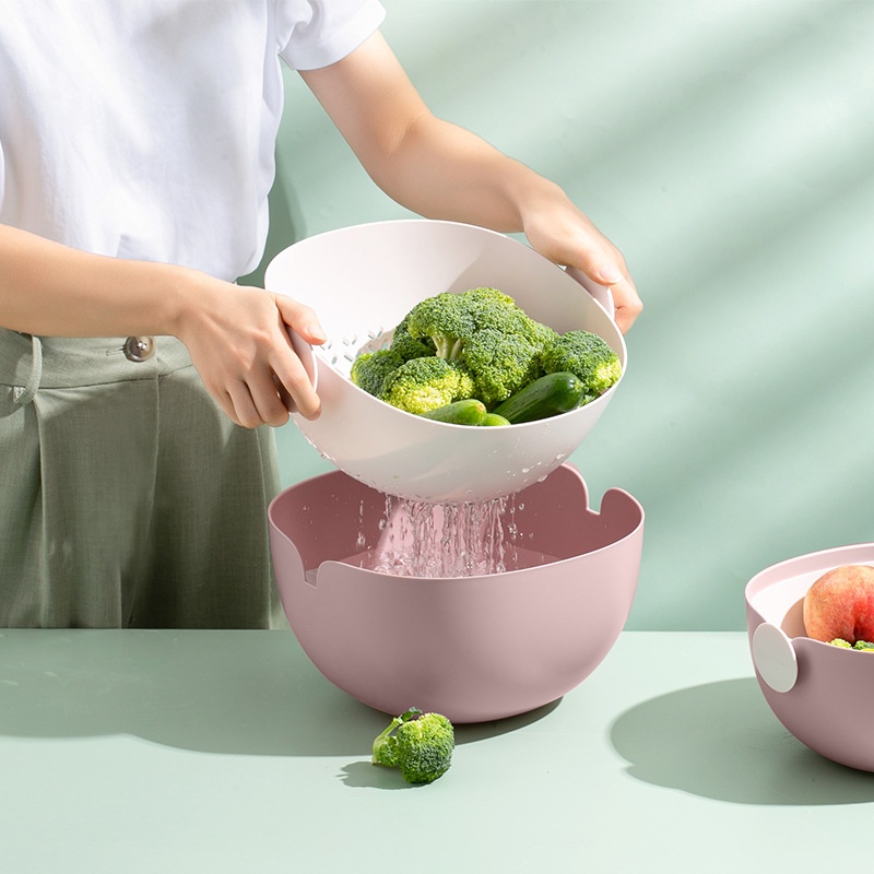 【Hedou】Large Capacity Drain Basket Double Layer Two Color Handle Design Kitchen Fruit Basket Vegetable Basket