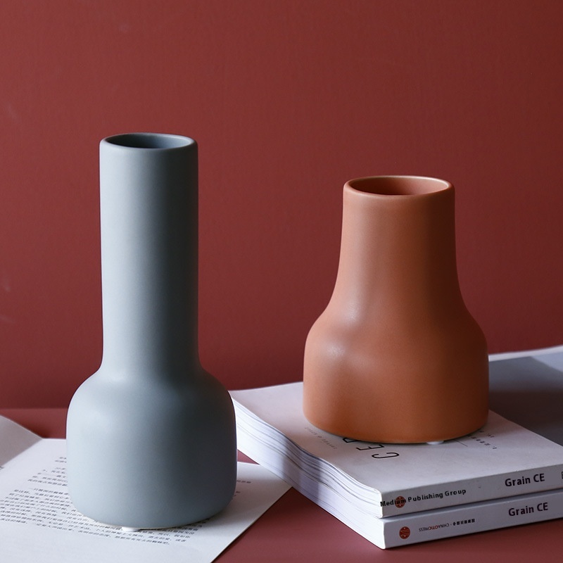 Nordic Morandi Color Small Mouth Ceramic Vase Small Diameter Fine Mouth Simulation Flower Flower Arrangement Flower Model Room Decoration