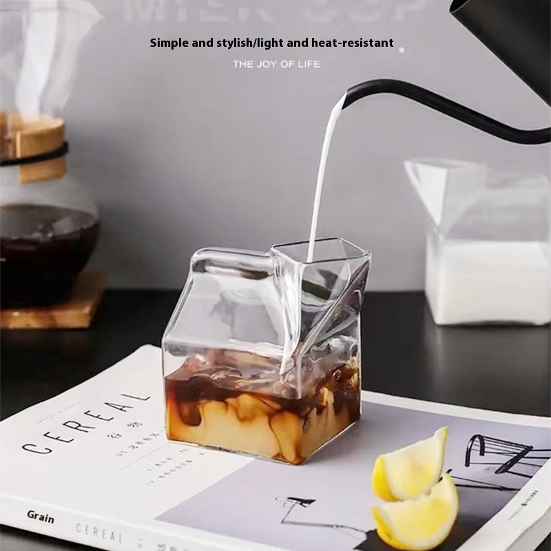 Creative Glass Square Milk Box High Temperature Resistant House Shape Coffee Glass Bar Cold Drink Cocktail Cup