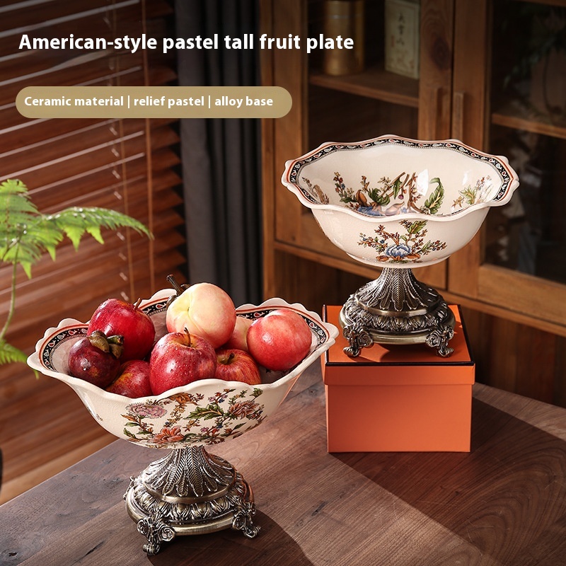 Free Shipping European Style Ceramic Fruit Plate Villa Living Room Home American Retro High Foot Fruit Plate Dry Fruit Plate Creative Ornaments