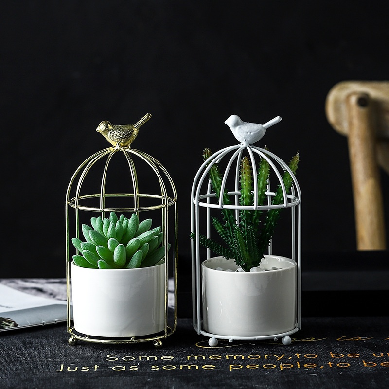 Iron Art Gilded Bird Cage Iron Frame Fleshy Flower Pot Vase Nordic Desktop Iron Art Ceramic Hydroponic Vase Ornaments