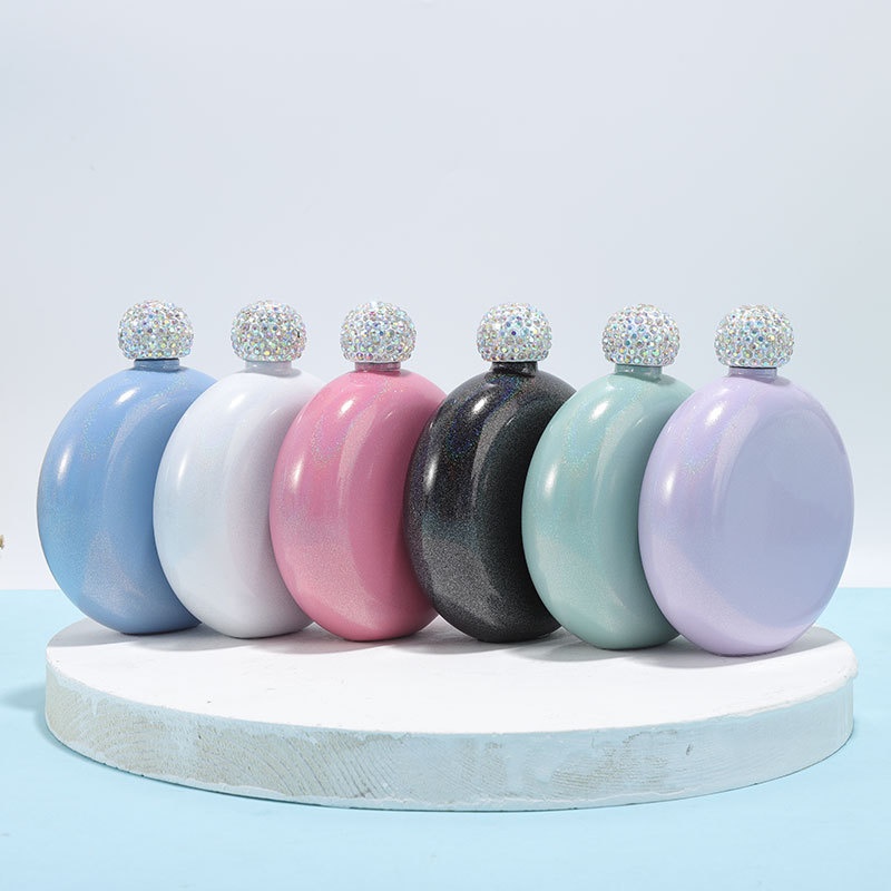 High-end Gift304 Stainless Steel Wine Bottle Flash Paint Inlaid Diamond Cover5oz Round Portable Ladies