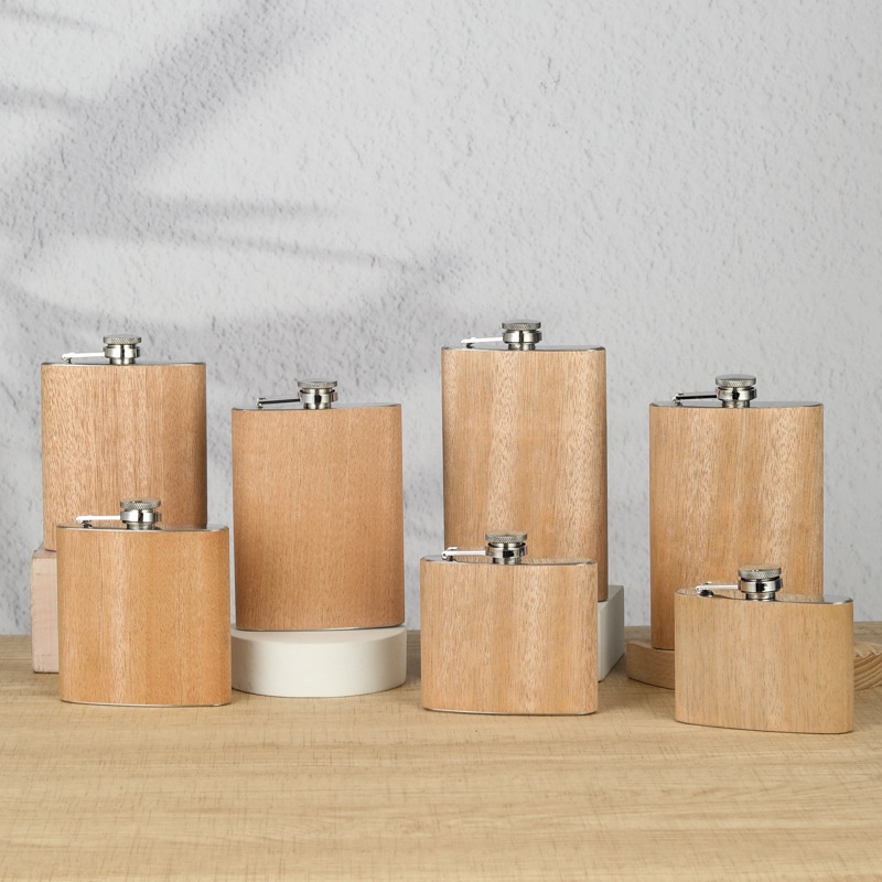 Wooden Stainless Steel Wine Flask Retro Style Real Wood Grain Bamboo Bag Wine Flask Size Portable Full Specifications