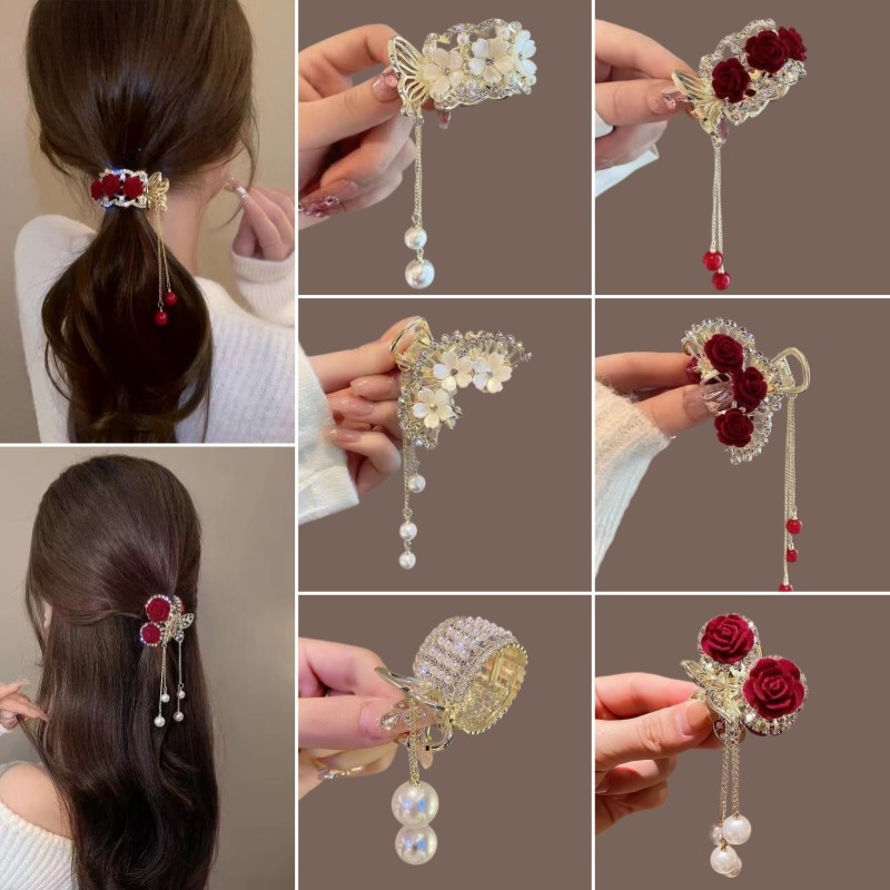 Red Rose Pearl Tassel Small Claw Clip Back Of The Head Half-tied Top Clip High Ponytail Clip White Lotus Clip