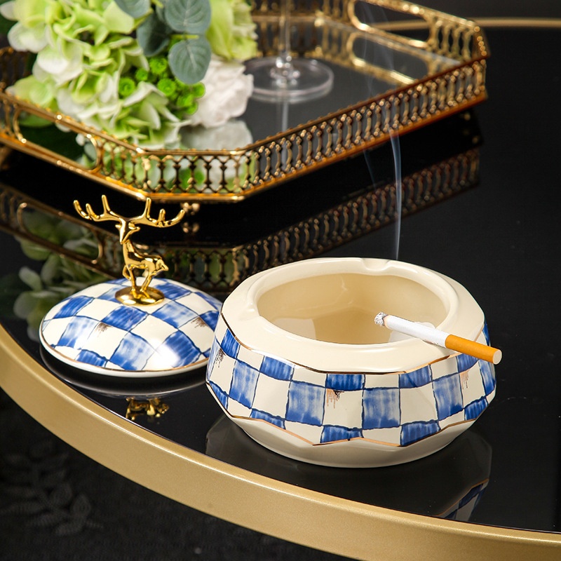 Nordic Chessboard Pattern Ceramic Ashtray Creative Household Ashtray With Lid Chaozhou Ashtray Personalized Decoration Storage