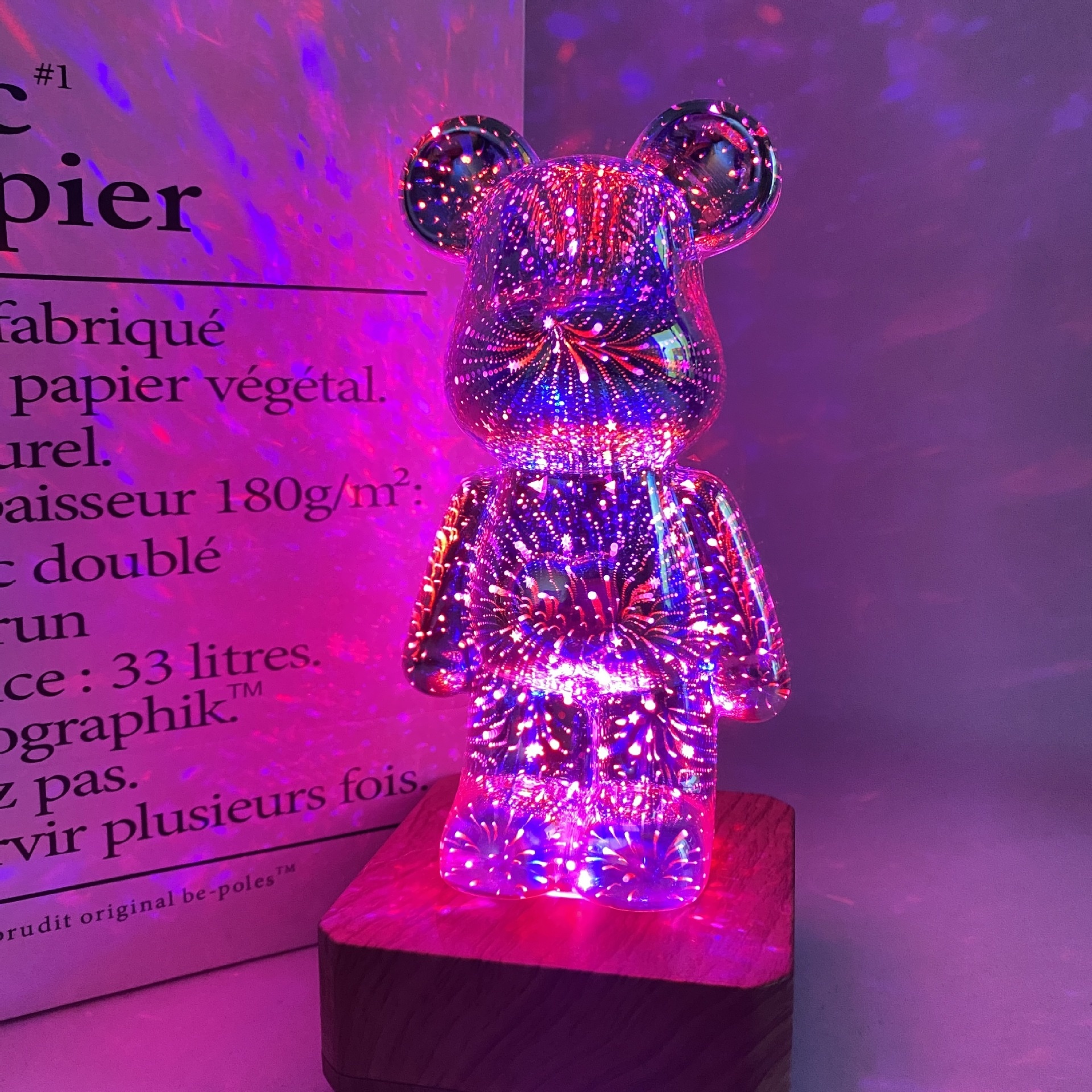 3 DFireworks Bear Table Lamp,USB-Powered Glass RGBNight Light,Decorative Atmosphere Lamp,Cartoon Bear Figurine Lamp