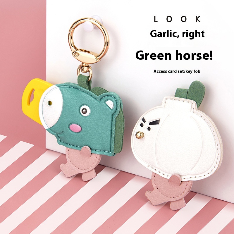 Garlic Green Horse Access Card Holder Keychain Funny Garlic Green Horse Creative Water Drop Card Holder Leather Key Pendant