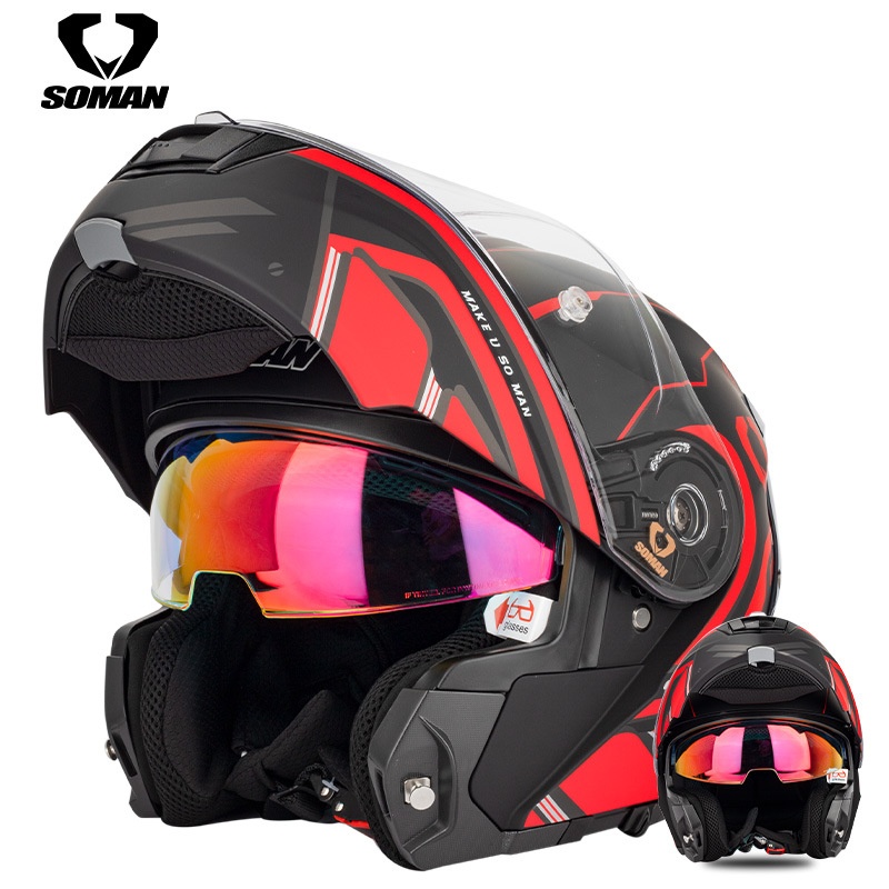 SOMANMotorcycle Helmet Men And Women Riding Four Seasons Motorcycle Large Head Circumference Double Lens Flip-up Helmet ECECertification