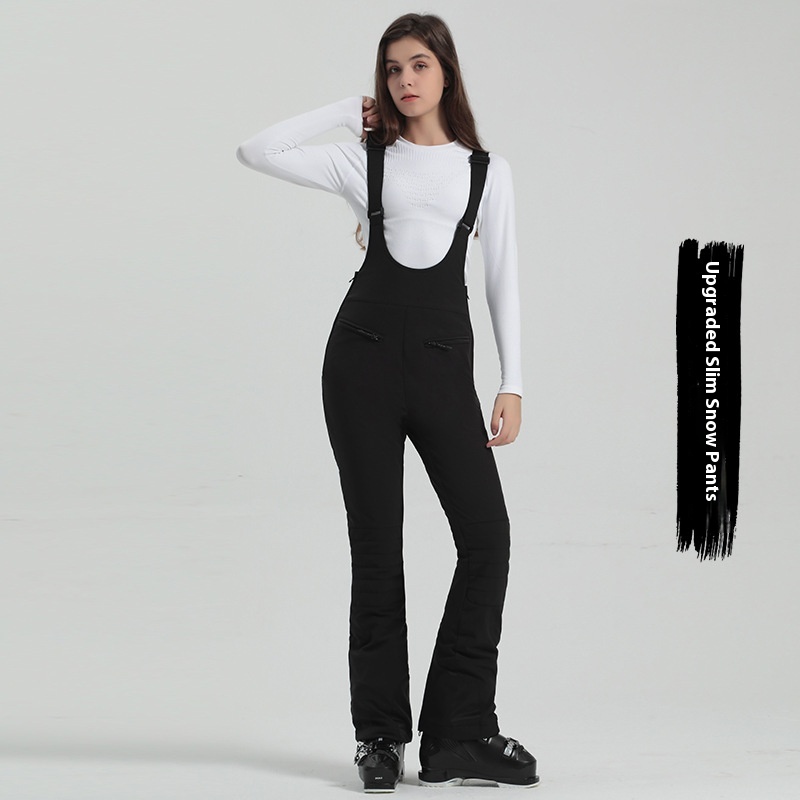 Style Ski Pants Women's Bib Double-board Elastic Slim Windproof Waterproof Outdoor Black Warm Snow Pants