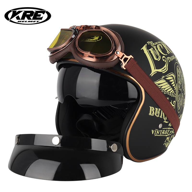 Foreign Trade Electric Car Retro Harley Personality Half Helmet Men And Women Four Seasons Helmet With Goggles Set Riding Helmet