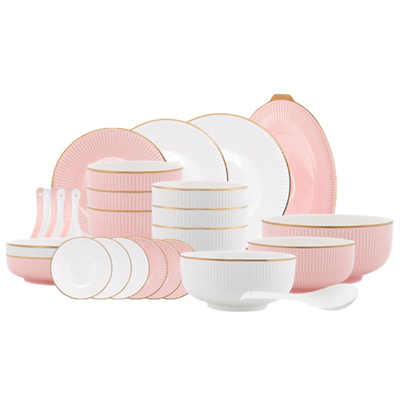 Light Luxury Pink And White Gold Edge Ceramic Plates And Bowls Tableware Set Simple Home Microwave Suitable For Gifts And Hotels