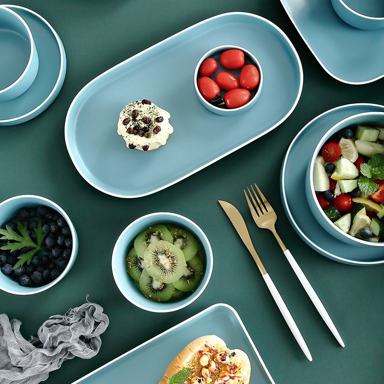 Simple Creative Ceramic Tableware Set European Style Light Blue White Edge Rice Soup Bowl Steak Fish Plate Dish Home Restaurant