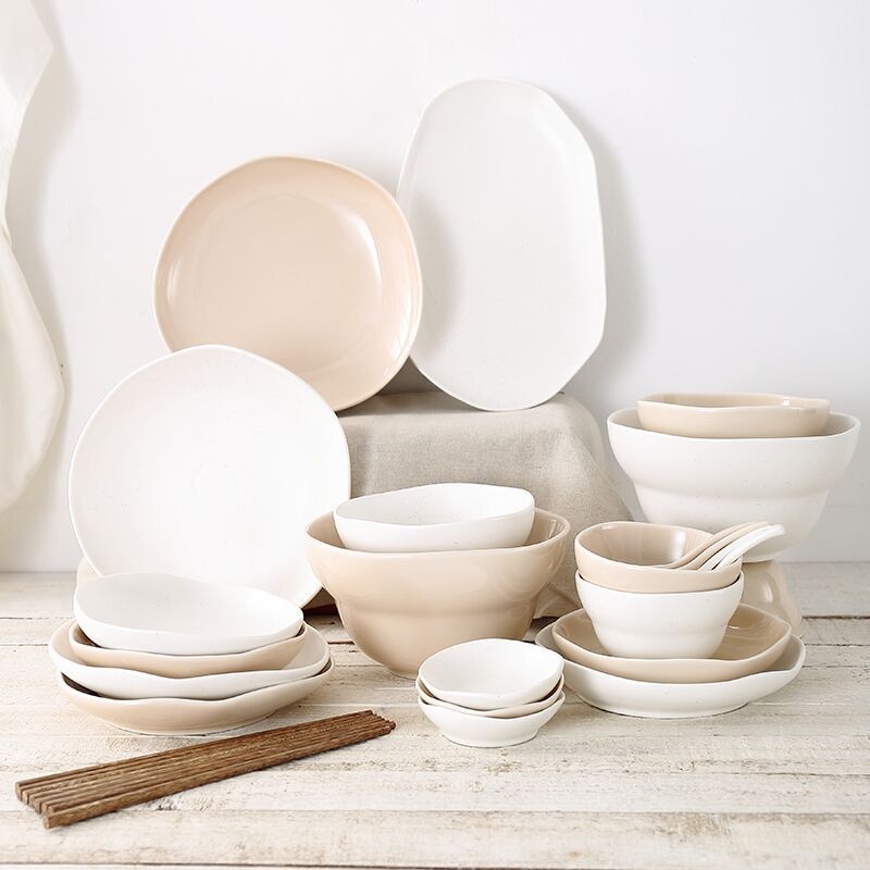 European Style Simple Colored Glaze Ceramic Tableware Set Creative Art Wave Rice Soup Bowl Plate Spoon Home Restaurant
