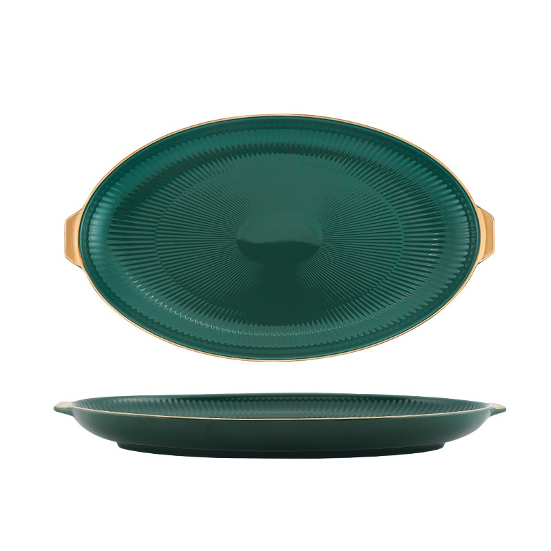 Light Luxury Emerald Gold-rimmed Ceramic Tableware Creative Relief Western Food Plates,Bowls,Spoons,Microwave Ovens For Home Use