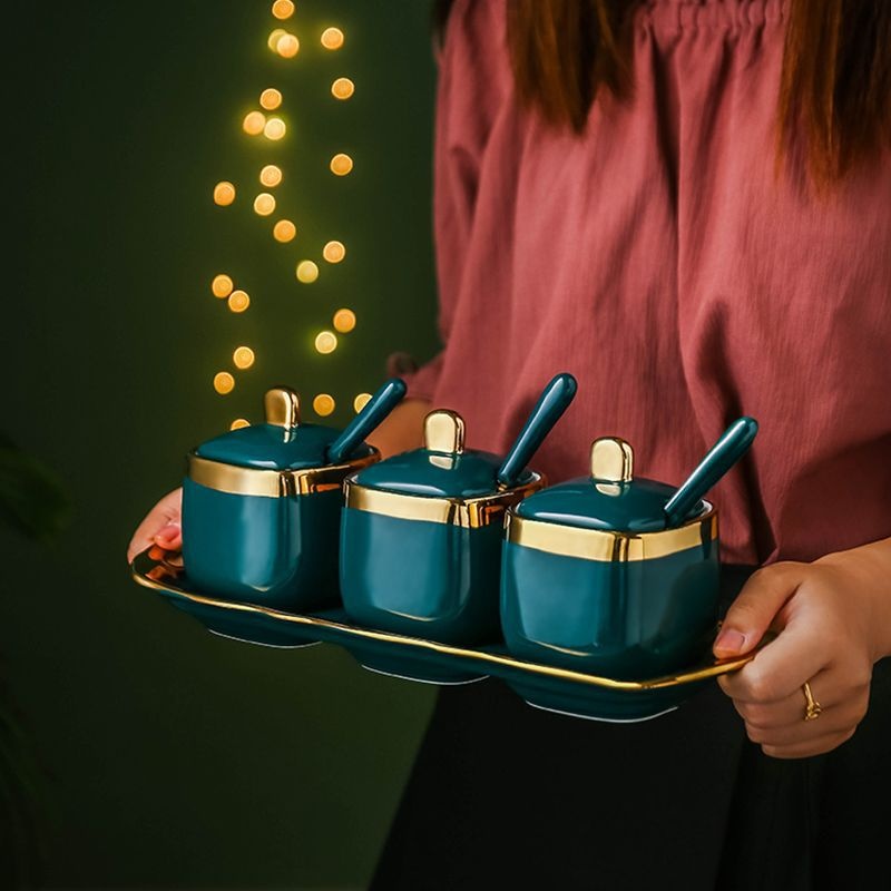 Nordic Simple Light Luxury Dark Green Gold Edge Ceramic Spice Jar Set Home Hotel Restaurant Kitchen Suitable For