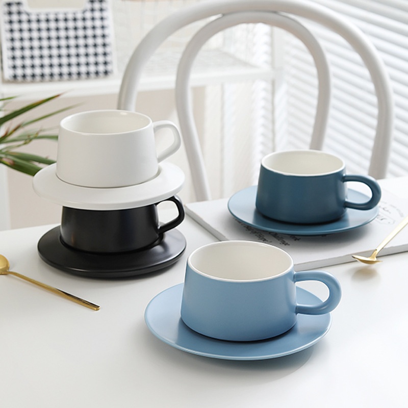 European Simple Matte Glaze Ceramic Coffee Cup Saucer Morandi Deep And Light Blue Home Restaurant Special Set
