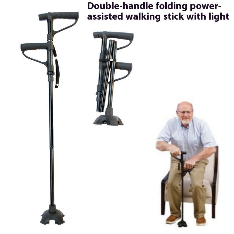 Multifunctional Foldable Double Handle Elderly Walking Stick Aluminum Alloy With Light Elderly Power Walking Stick Four-legged Walking Stick