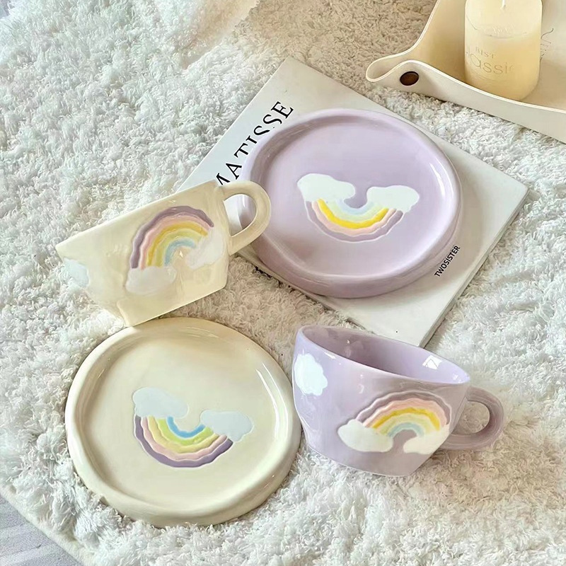 Japanese Hand-painted Rainbow Niche Ceramic Coffee Cup Set With Saucer High Value Gift Afternoon Tea Cup