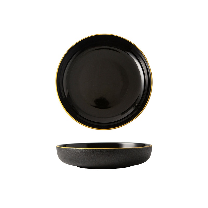 Creative Simple Matte Black Gold Edge Ceramic Tableware Luxury Restaurant Home Soup Rice Bowl Shallow Plate Spoon