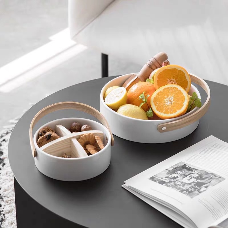 Simple White Ceramic Compartmented Fruit Plate With Portable Creative Nut Plate Snack Candy Box Storage Snack Platter