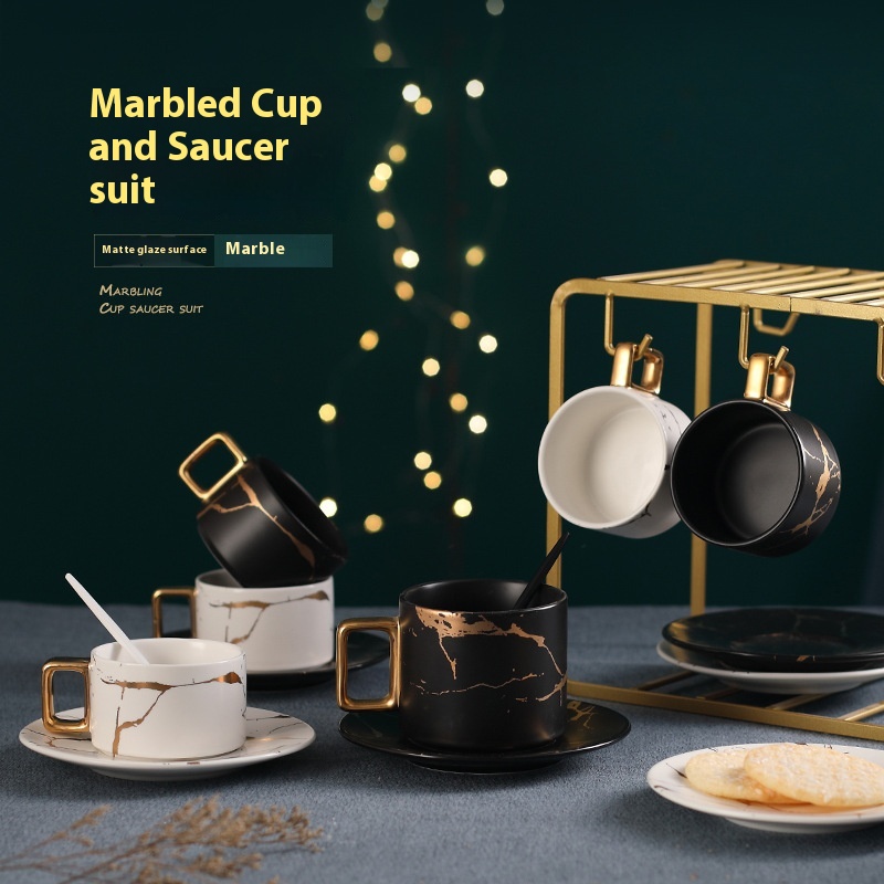 European Style Simple Ceramic Coffee Cup And Saucer Set With Iron Frame Creative Color Glaze Marble Pattern Gold Coffee Set