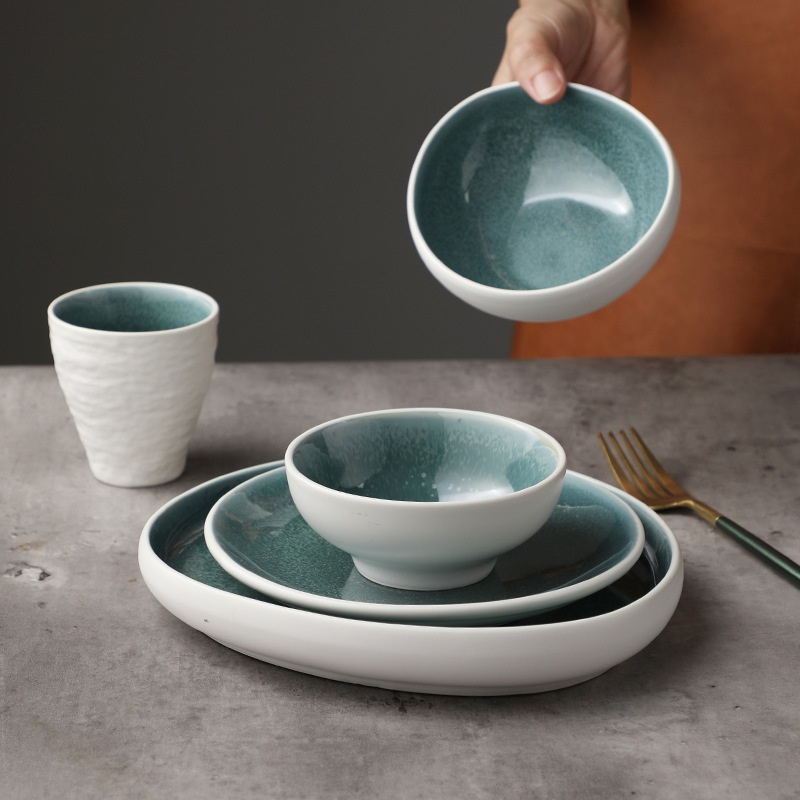 Creative Japanese And Korean Style Ceramic Tableware Set Kiln Glaze Changes To Dark Green Ceramic Rice Bowl Soup Plate Dish Restaurant Hotel Tabletop