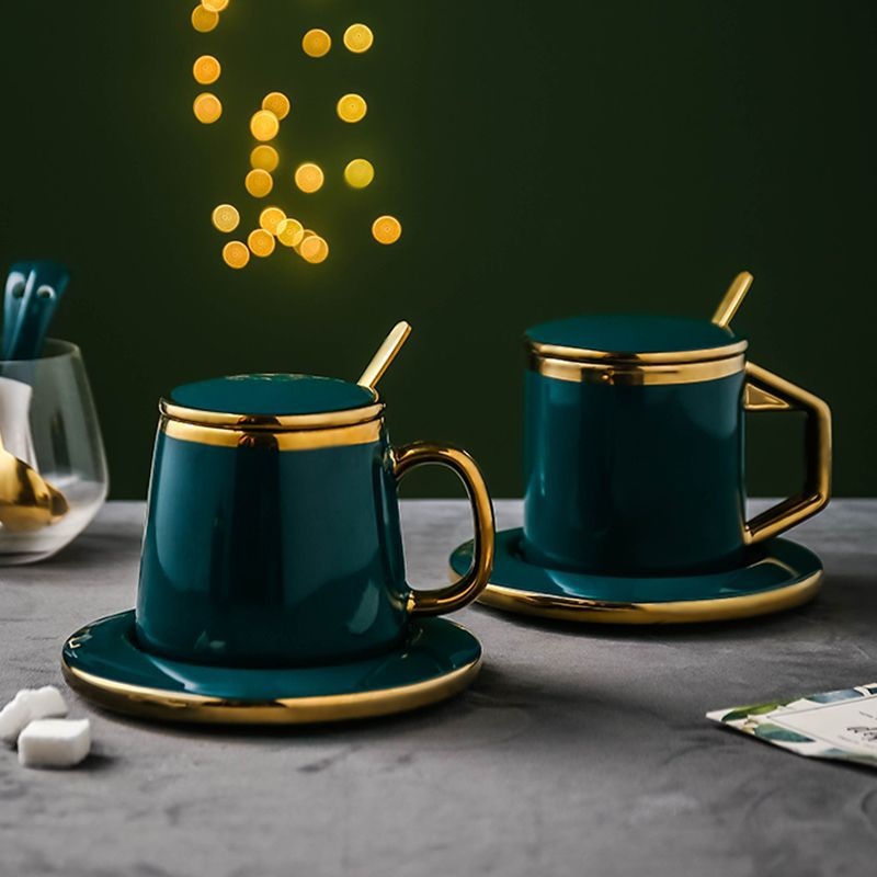 Luxury Emerald Gold-rimmed Ceramic Coffee Cup And Saucer With Spoon Cover Simple High-end Coffee Restaurant Water Set