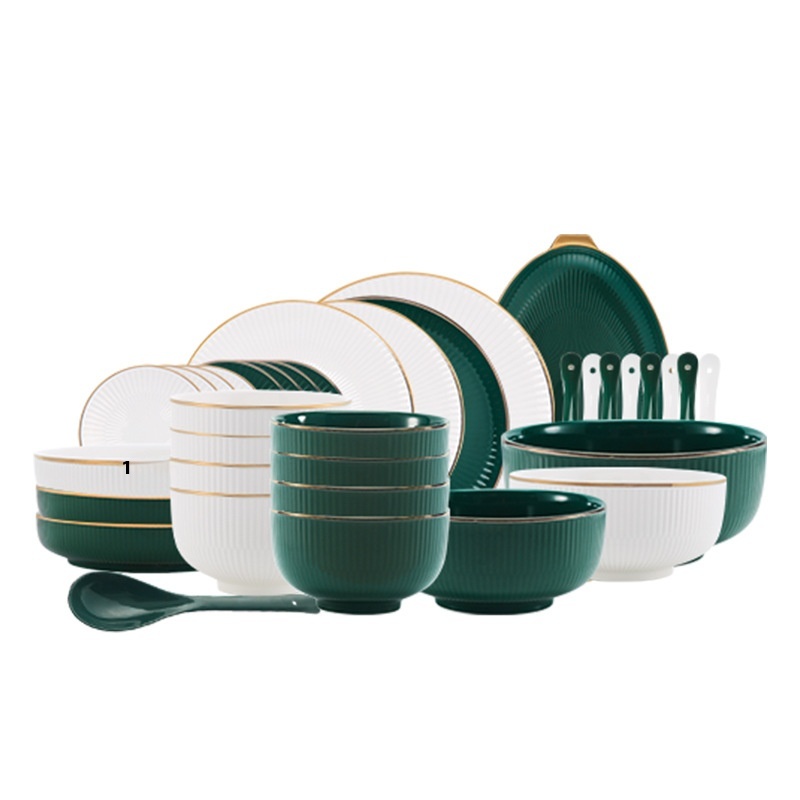European Style Light Luxury Green Platinum Ceramic Tableware Simple Relief Bowls And Plates Microwave Oven Suitable Gift Set