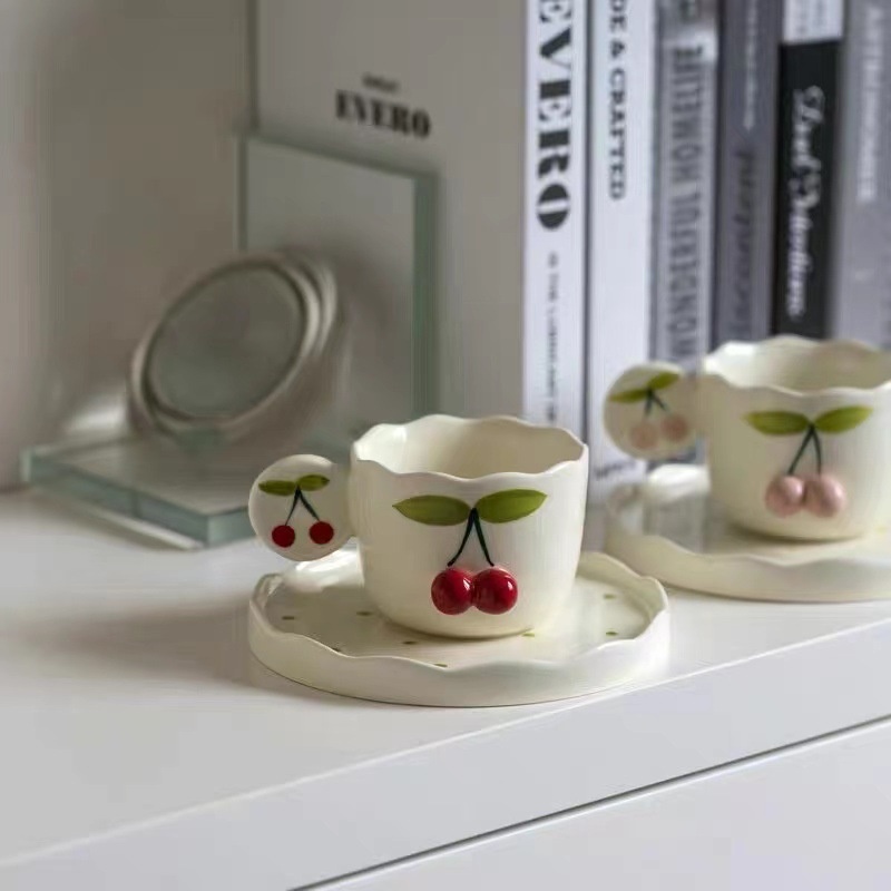 Milk FUFUHand-painted Embossed Cherry Ceramic Cup And Saucer Niche Design Home Ceramic Water Cup Mug Cup With Tray