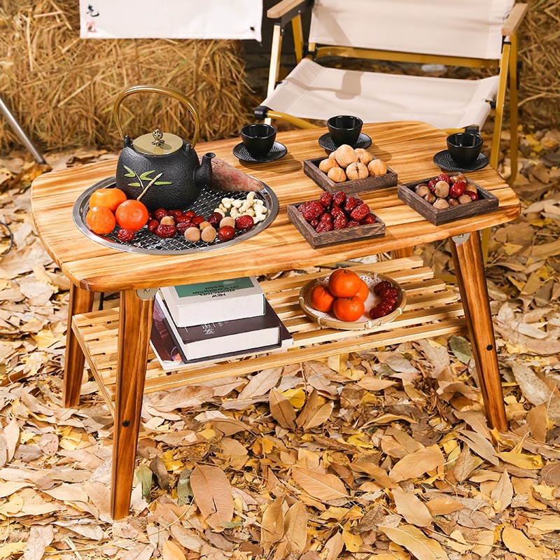 Home Outdoor Multifunctional Solid Wood Tabletop Stove Folding Storage Barbecue Grill Camping Stove Tea Table