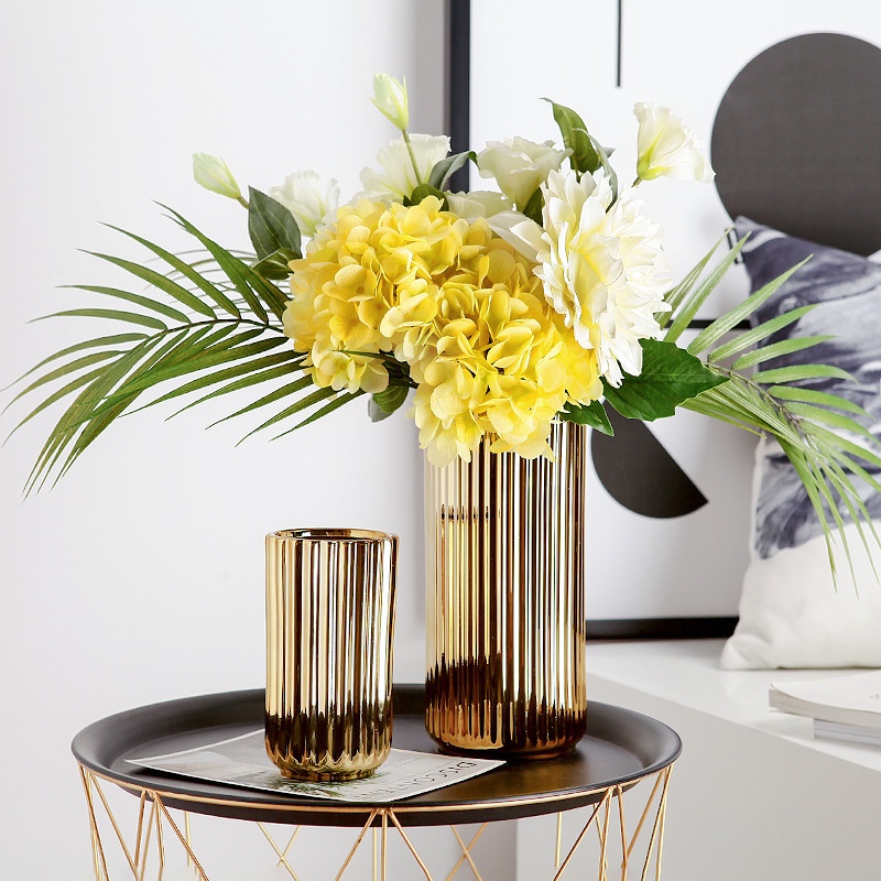 Nordic Gold Light Luxury Ceramic Electroplating Vase Large Ornaments Style Creative Flower Arrangement Decoration Living Room Coffee Table Decoration