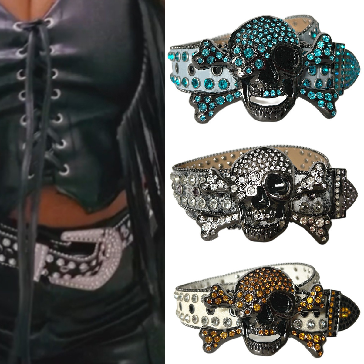 Skull Rhinestone Belt Acrylic Diamond Belt Women's High-grade Jeans Accessories Belt Men's